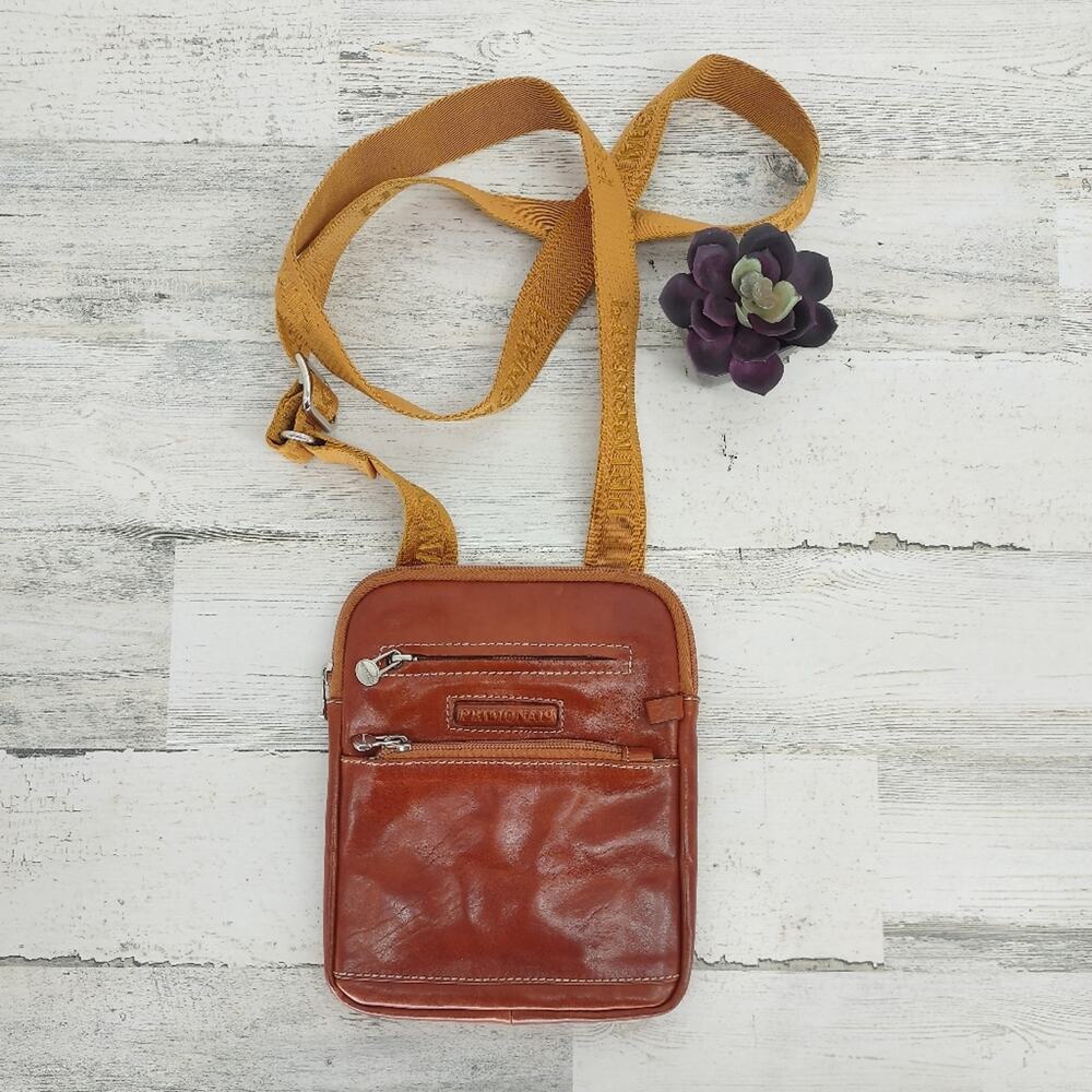 Primonaiq Brown Leather Zip Up Crossbody Man Bag Satchel Adjustable Strap